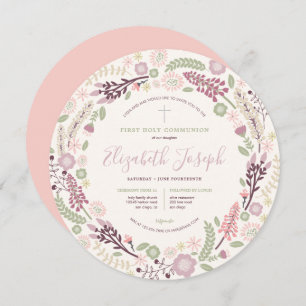 Pink Wreath First Holy Communion Invitation