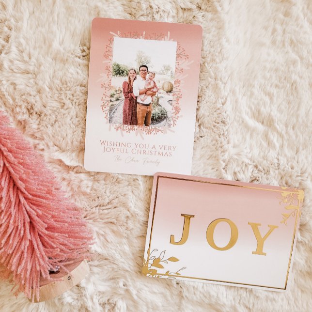 Pink Wreath Joyful Christmas Custom Photo Foil Holiday Card (Creator Uploaded)