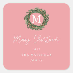 Pink Wreath Monogram Merry Christmas Gift Square Sticker