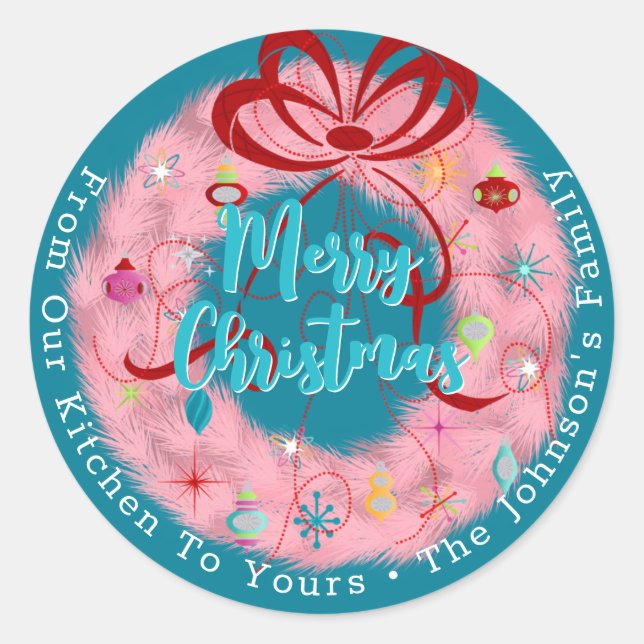 Pink Wreath Retro Christmas Classic Round Sticker (Front)