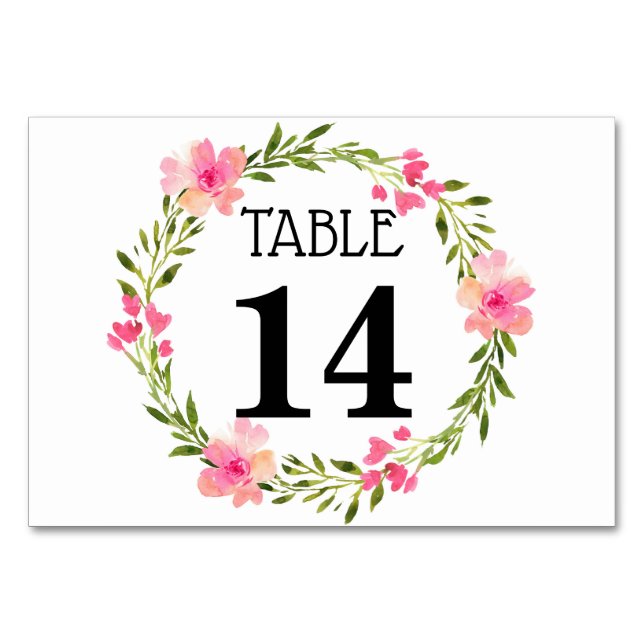Pink Wreath Wedding Table Number Card (Front)