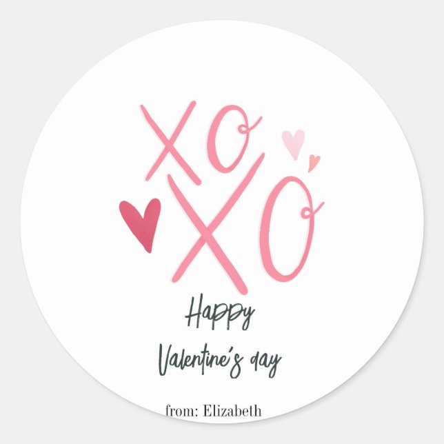Pink "XOXO"Hearts Happy Valentine's Day  Classic Round Sticker (Front)