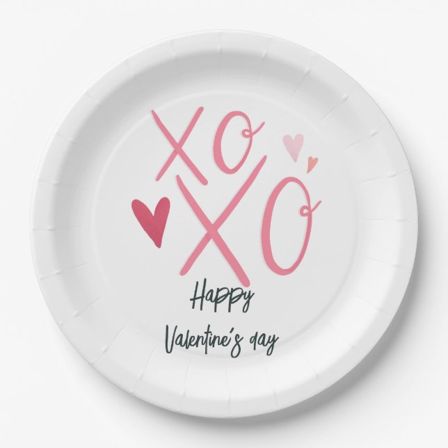 Pink "XOXO"Hearts Happy Valentine's Day  Paper Plate (Front)