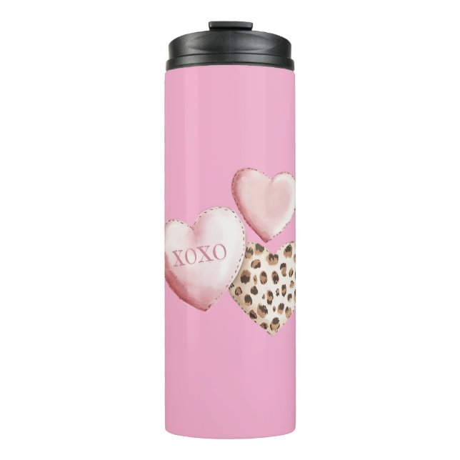 Pink XOXO Leopard Print Hearts Thermal Tumbler (Front)