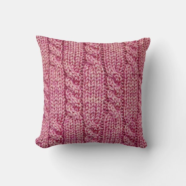 Pink Yarn Cabled Knit Cushion (Front)