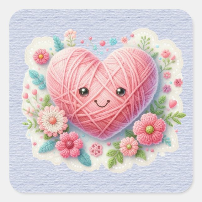 Pink Yarn Face Valentine Heart Square Sticker (Front)
