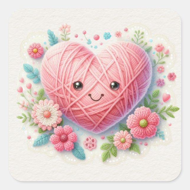 Pink Yarn Face Valentine Heart Square Sticker (Front)