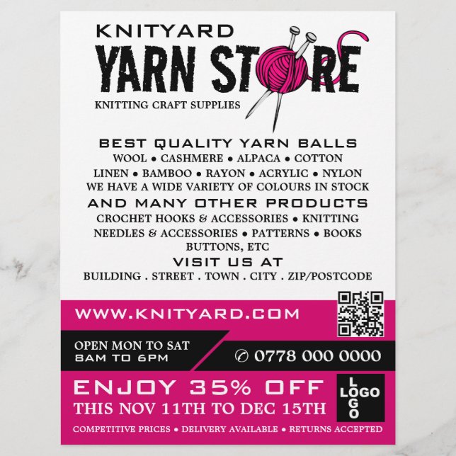 Pink Yarn Store Logo, Knitting Store, Yarn Store Flyer (Front)