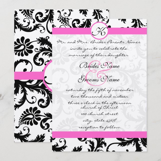 Pink Yarrow and Black Damask Wedding Invitation (Front/Back)