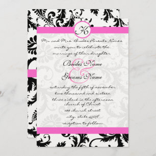 Pink Yarrow and Black Damask Wedding Invitation