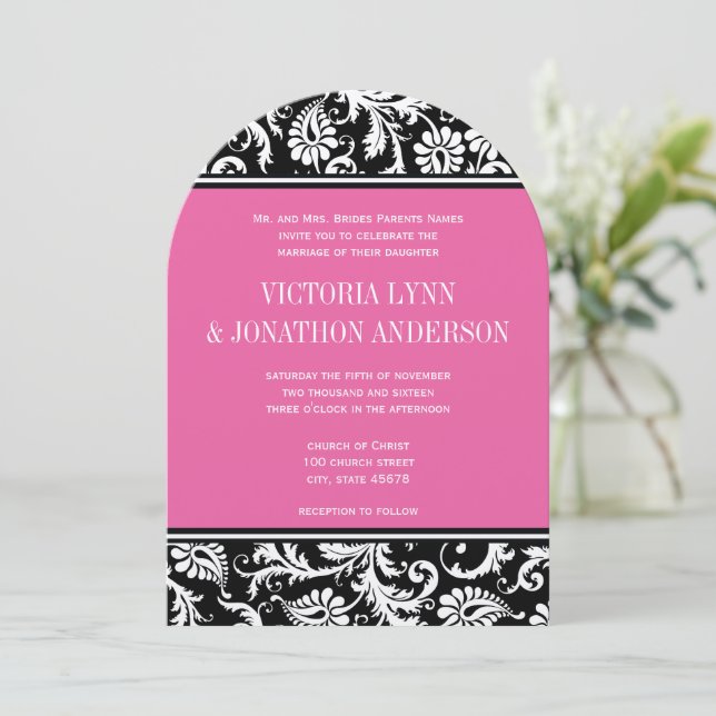 Pink Yarrow Monogram Floral Damask Wedding  Invitation (Standing Front)
