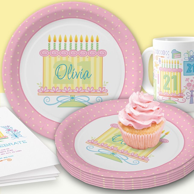 Pink Yellow 21st Birthday Cake Name Paper Plate (Creator Uploaded)