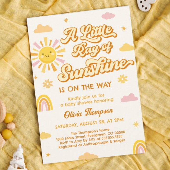 Pink Yellow A  Little Ray of Sunshine Baby Shower Invitation (Creator Uploaded)