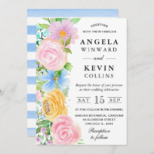 Pink Yellow and Blue Boho Flowers Wedding Invitation