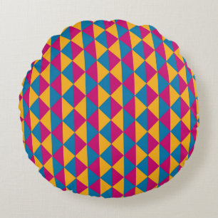Pink, Yellow and Blue Diamonds and Triangles Round Cushion