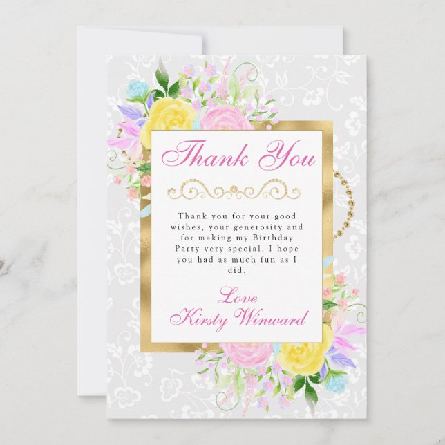 Pink, Yellow and Blue Flowers Gold Birthday Thank You Card (Front)