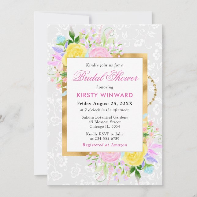 Pink, Yellow and Blue Flowers Gold Bridal Shower Invitation (Front)