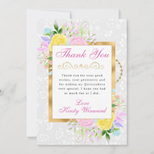 Pink, Yellow and Blue Flowers Gold Quinceanera Thank You Card