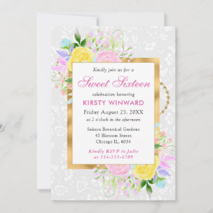 Pink, Yellow and Blue Flowers Gold Sweet 16 Invitation