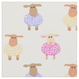Pink yellow and blue lambs on white nursery print fabric