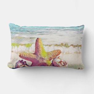 Pink yellow and blue seashells watercolor painting lumbar cushion