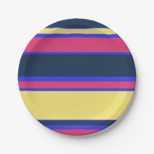 Pink, yellow and blue stripes paper plate