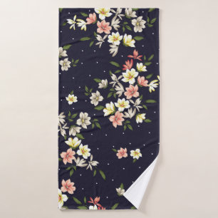 pink yellow and brown small flowers with green lea bath towel