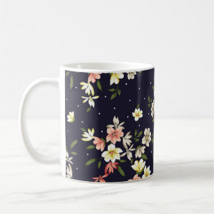 pink yellow and brown small flowers with green lea coffee mug