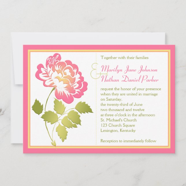 Pink, Yellow, and Green Peony Wedding Invitation (Front)