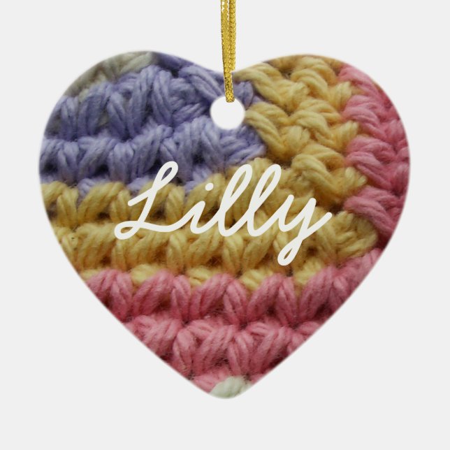 Pink, Yellow, and Lavender Crochet Stitches Ceramic Tree Decoration (Front)