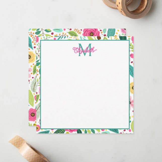 Pink Yellow and Teal Spring Floral Monogram Card (Front/Back In Situ)