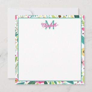 Pink Yellow and Teal Spring Floral Monogram Card