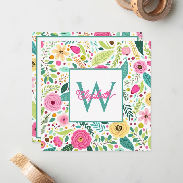 Pink Yellow and Teal Spring Floral Monogram Card (Front/Back In Situ)