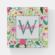 Pink Yellow and Teal Spring Floral Monogram