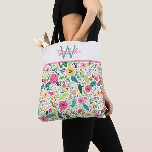Pink Yellow and Teal Spring Floral Monogram Tote Bag (Close Up)