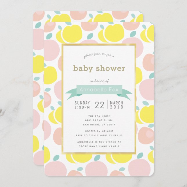 Pink Yellow Apple Pattern Baby Shower Invitation (Front/Back)