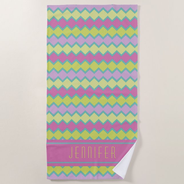 Pink Yellow Aqua Geometric Pattern Personalised Beach Towel (Front)