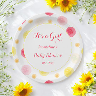 Pink Yellow Baby Shower Watercolor Dots Paper Plate