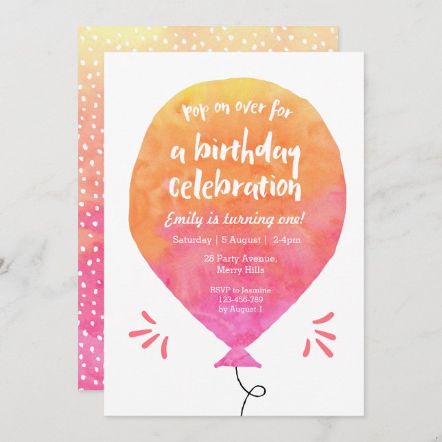 Pink Yellow Balloon Birthday Invitation (Front/Back)