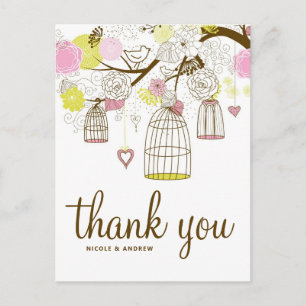 Pink & Yellow Birdcages Lovebirds Thank You Postcard
