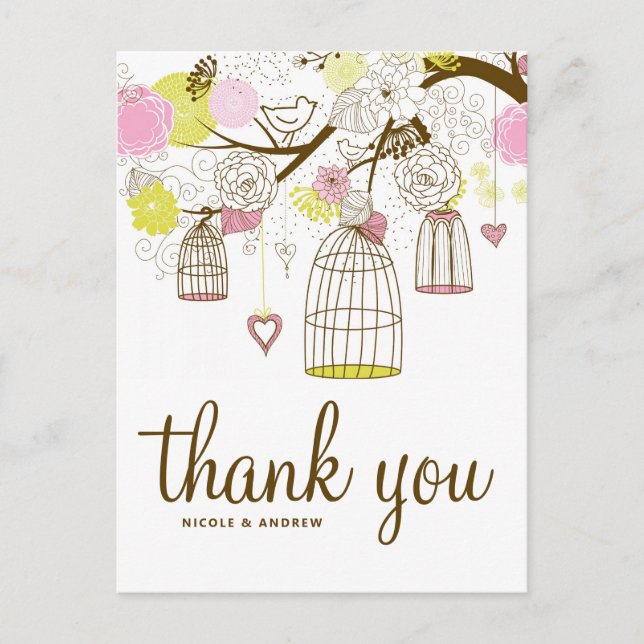 Pink & Yellow Birdcages Lovebirds Thank You Postcard (Front)