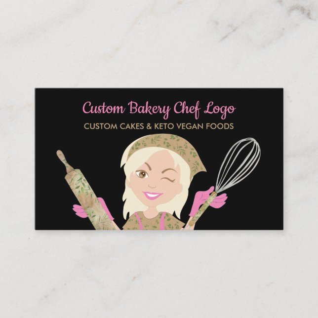 Pink Yellow Black Bakery Girl Chef Vegan Pastry Business Card (Front)