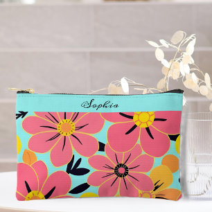 Pink & Yellow Blossoms on Sky Blue-Dopamine Style Accessory Pouch
