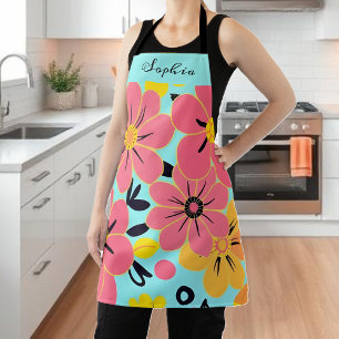Pink & Yellow Blossoms on Sky Blue-Dopamine Style  Apron