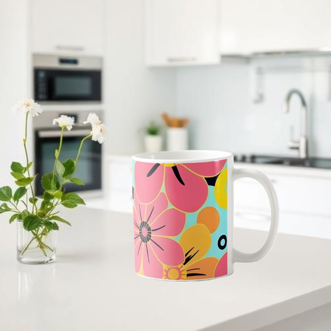 Pink & Yellow Blossoms on Sky Blue- Dopamine Style Coffee Mug (Pink & Yellow Blossoms on Sky Blue- Dopamine Style Coffee Mug)