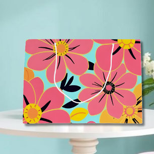 Pink & Yellow Blossoms on Sky Blue –Dopamine Style Large Gift Bag