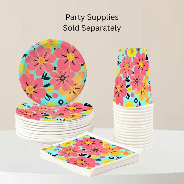 Pink & Yellow Blossoms on Sky Blue –Dopamine Style Paper Cups (Pink & Yellow Blossoms on Sky Blue-Dopamine Style-Party Supplies full set)