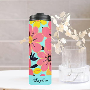 Pink & Yellow Blossoms on Sky Blue- Dopamine Style Thermal Tumbler