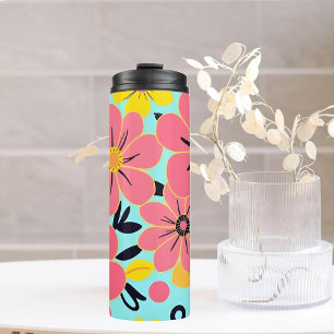 Pink & Yellow Blossoms on Sky Blue- Dopamine Style Thermal Tumbler