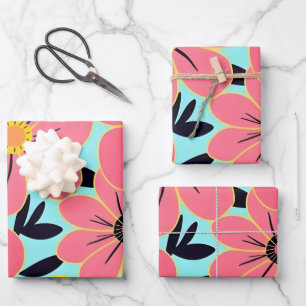 Pink & Yellow Blossoms on Sky Blue –Dopamine Style Wrapping Paper Sheet